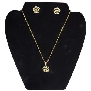18K SS Gold Plated French Black Rose Necklace & Earrings Jewelry Set